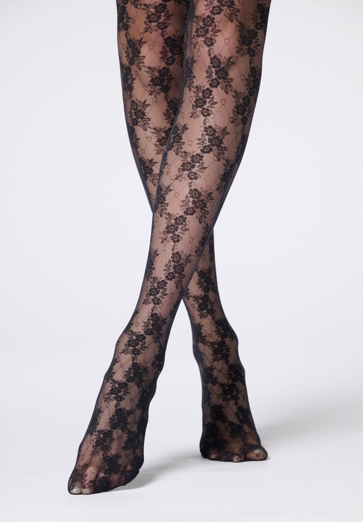 Semi-Sheer Lace-Effect Floral Tights Stylish Lace 30 - Black