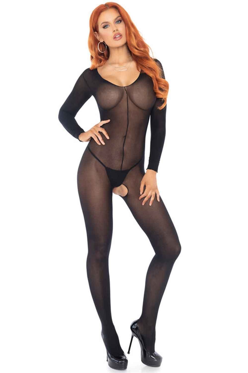 Sheer Long Sleeved Scoop Neck Bodystocking 8297